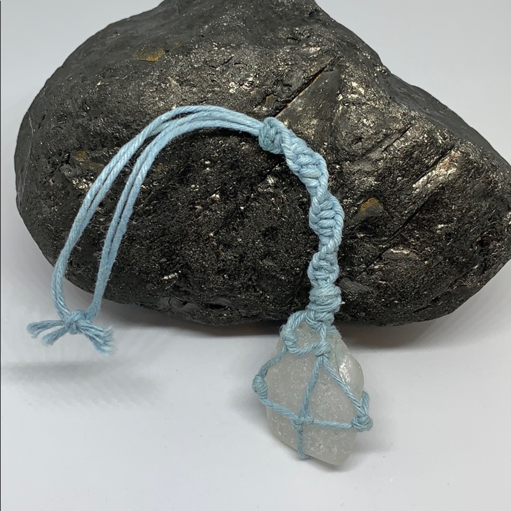 White Seaglass,baby blue macrame hanging ornament